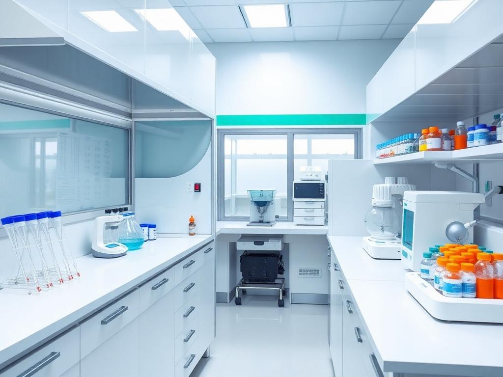 Biopharmaceutical laboratory with laminar flow cabinet, pipettes and analytical balance