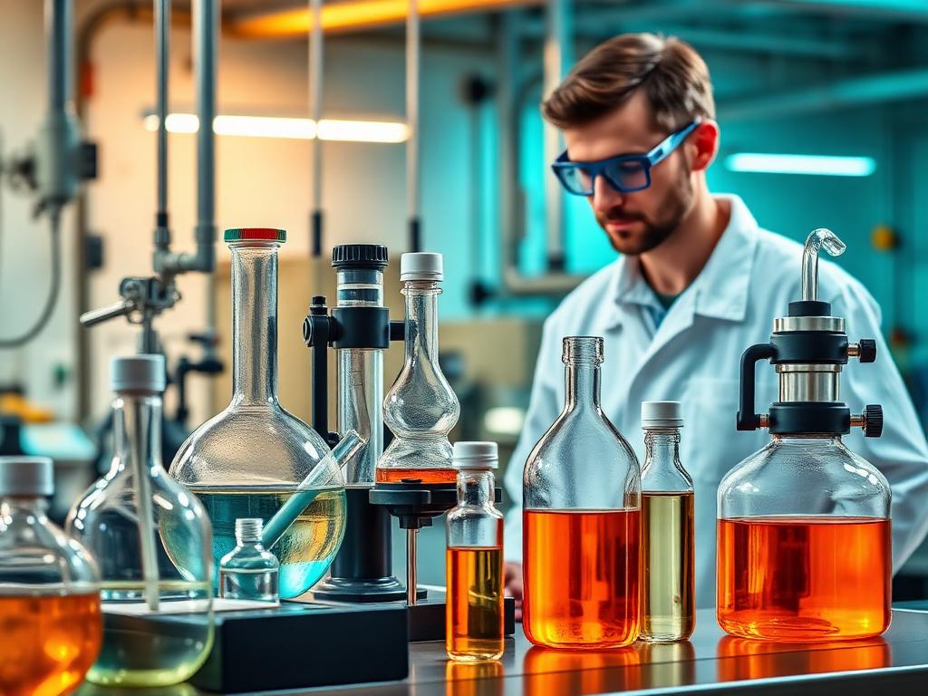 Petrochemical laboratory with glassware distillation setup and fuel sample bottles