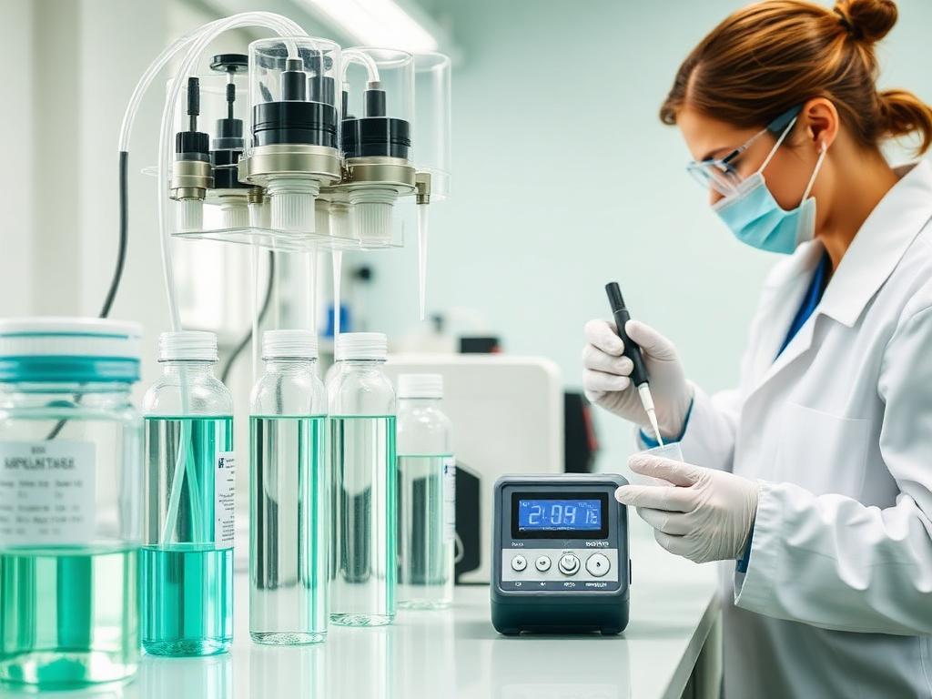 Environmental testing laboratory with water samples, filtration apparatus and pH meter