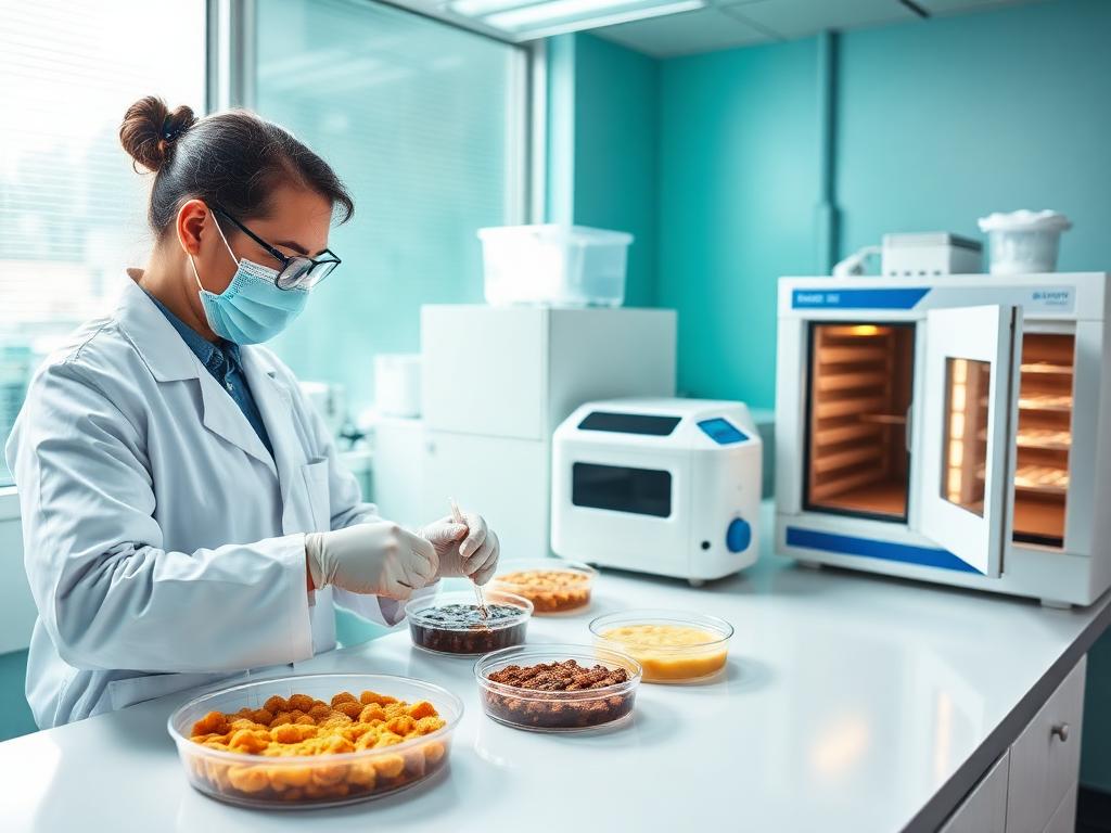 Food quality control laboratory with sample dishes, moisture analyser and drying oven