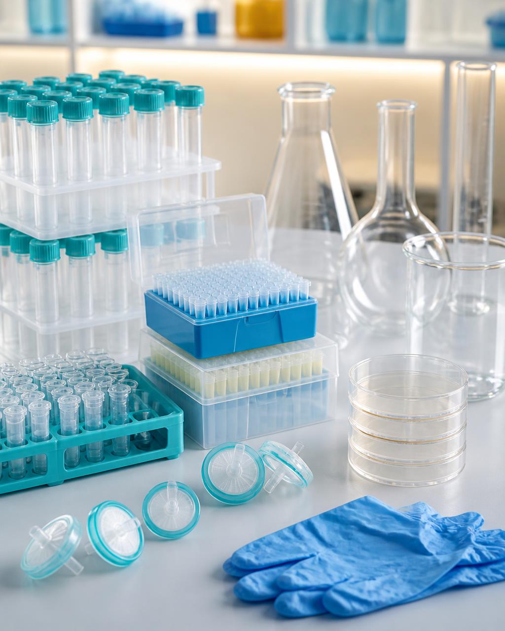 Laboratory consumables including tubes, pipette tips and glassware