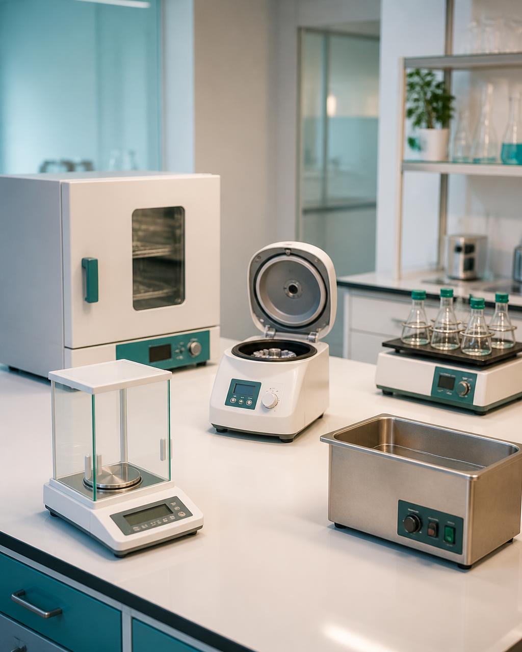 General laboratory equipment including a drying oven, benchtop centrifuge, analytical balance and water bath