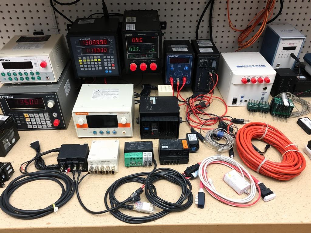 Controllers, sensors and wiring spare parts on a workbench
