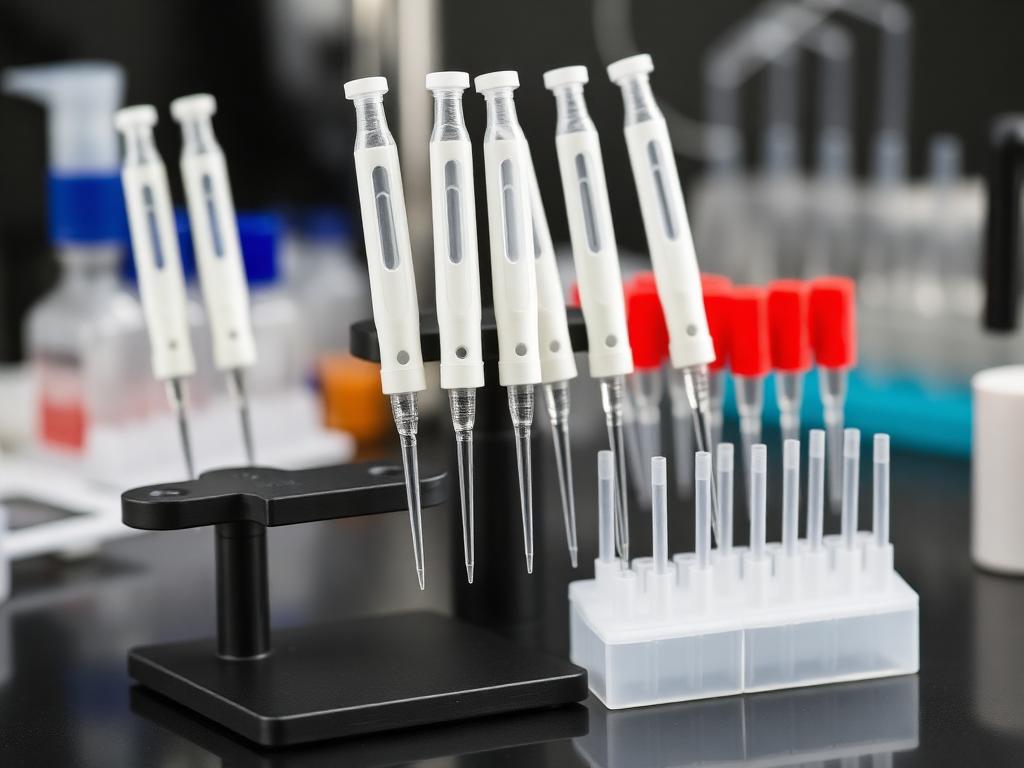 Micropipettes on a stand with tip boxes