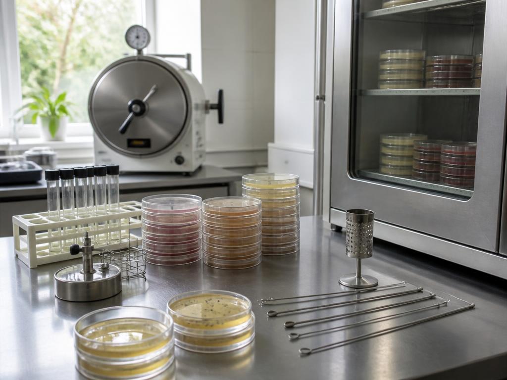 Autoclave, incubator and microbiology cabinet with petri dishes