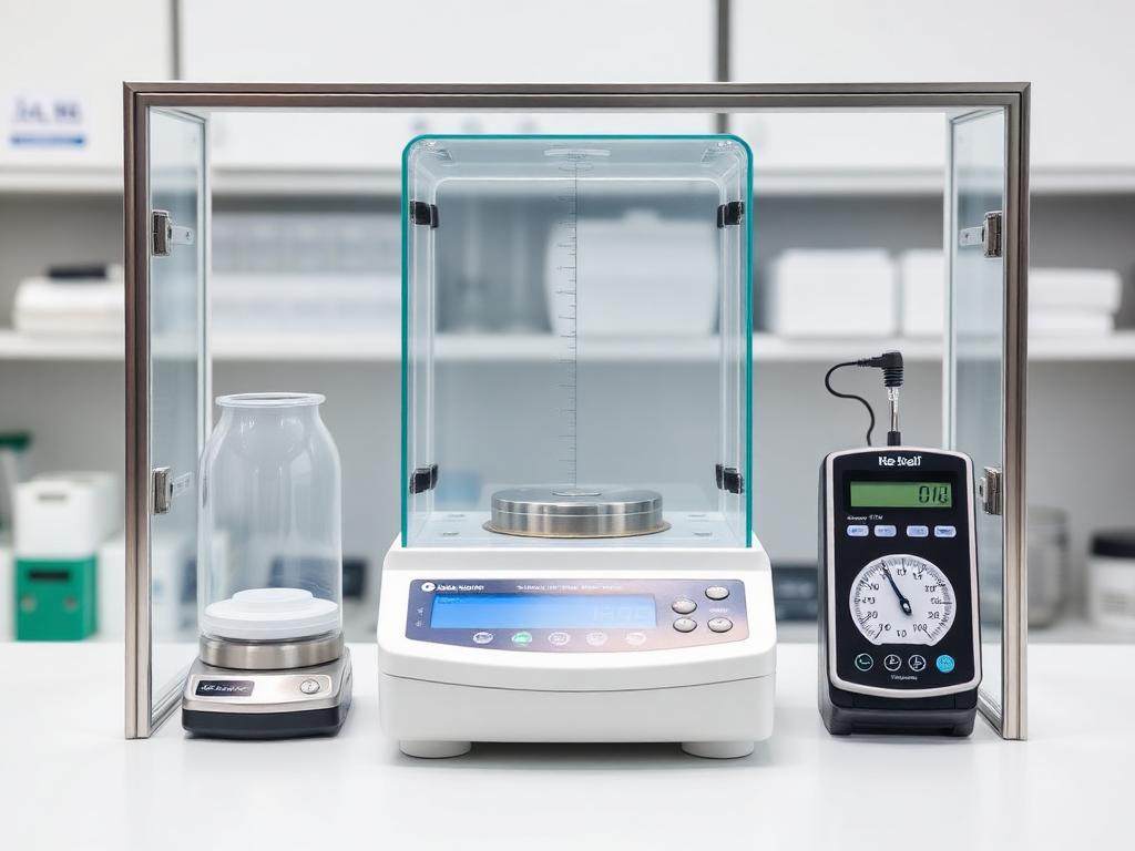 Analytical balance with calibration weights and a pH meter
